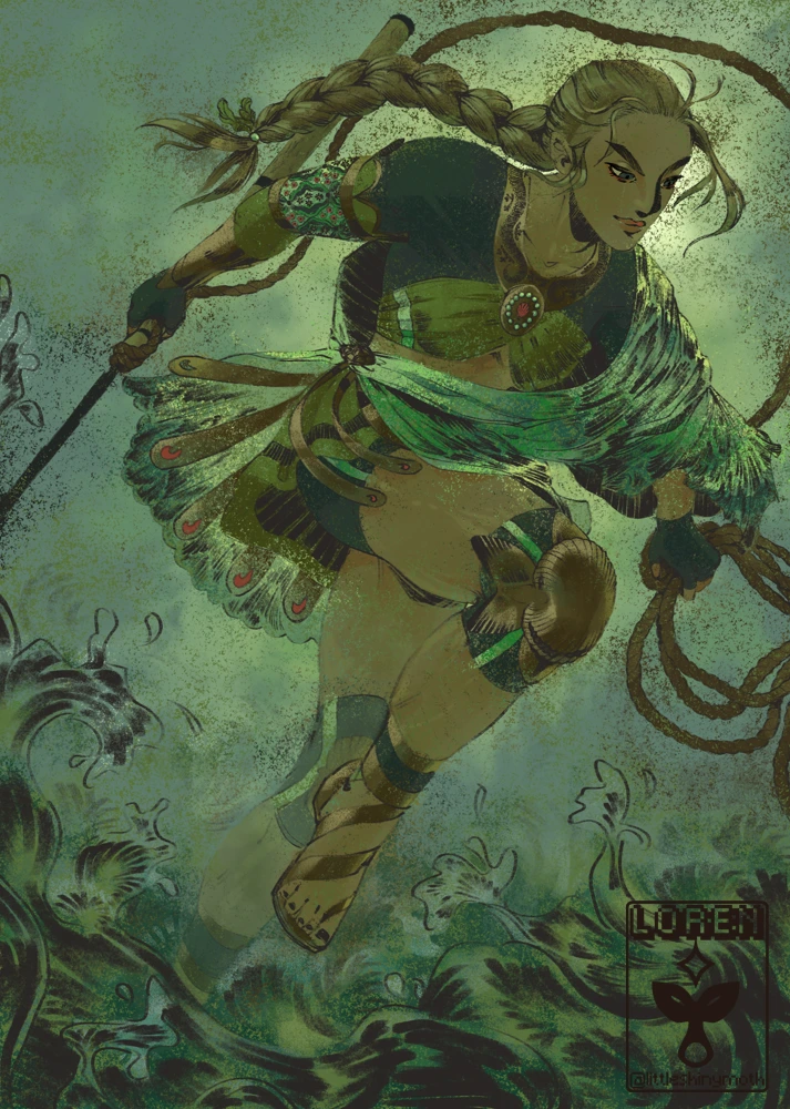 A sea goddess runs along the water in the middle of a storm, holding a harpoon in her hand as she pursues her target.